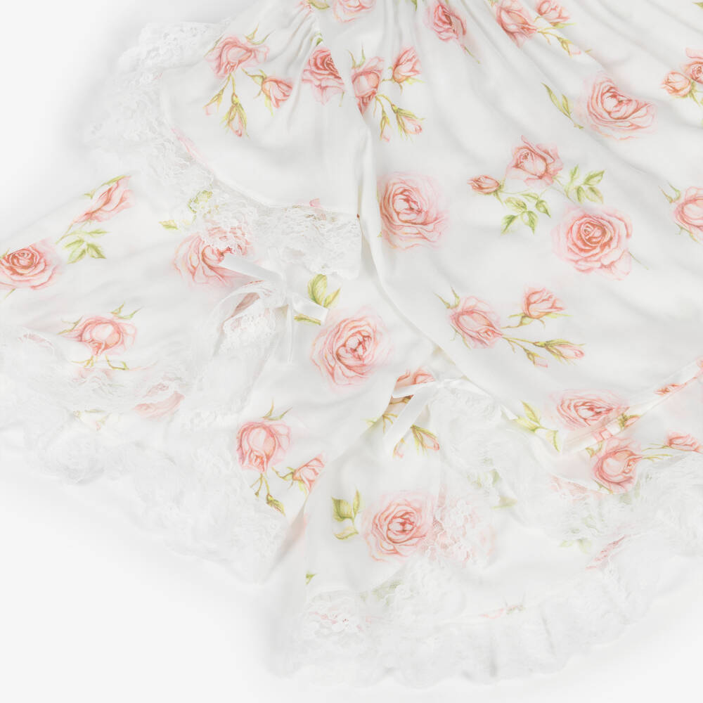 AMIKI Children-Girls White & Pink Rose Print Pyjamas with Lace Trims | Childrensalon Outlet