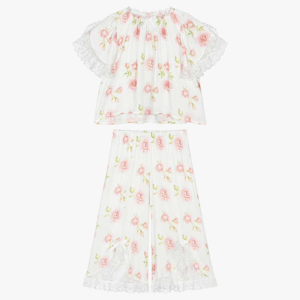 AMIKI Children-Girls White & Pink Rose Print Pyjamas with Lace Trims | Childrensalon Outlet