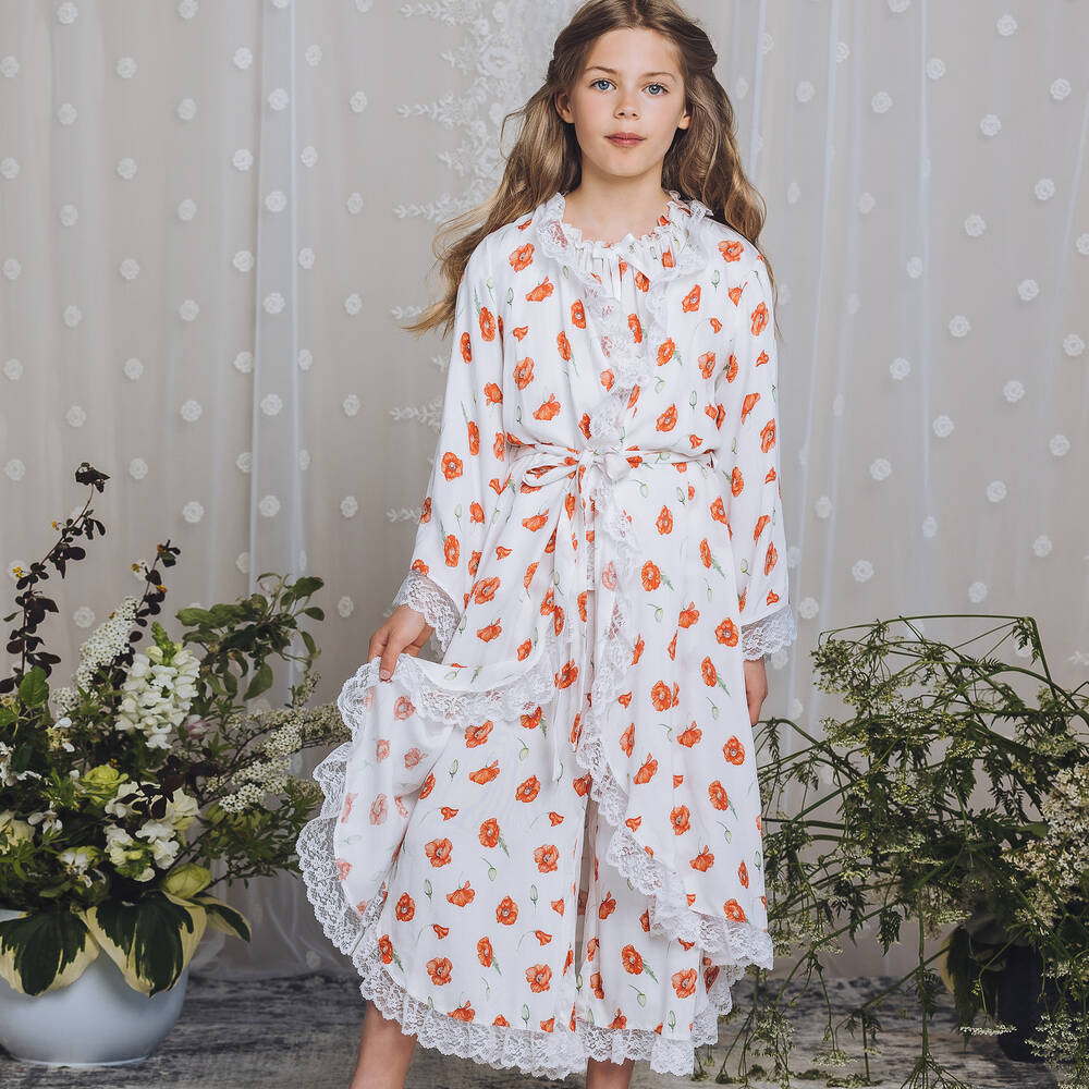 AMIKI Children-Girls White Poppy Print Dressing Gown | Childrensalon Outlet