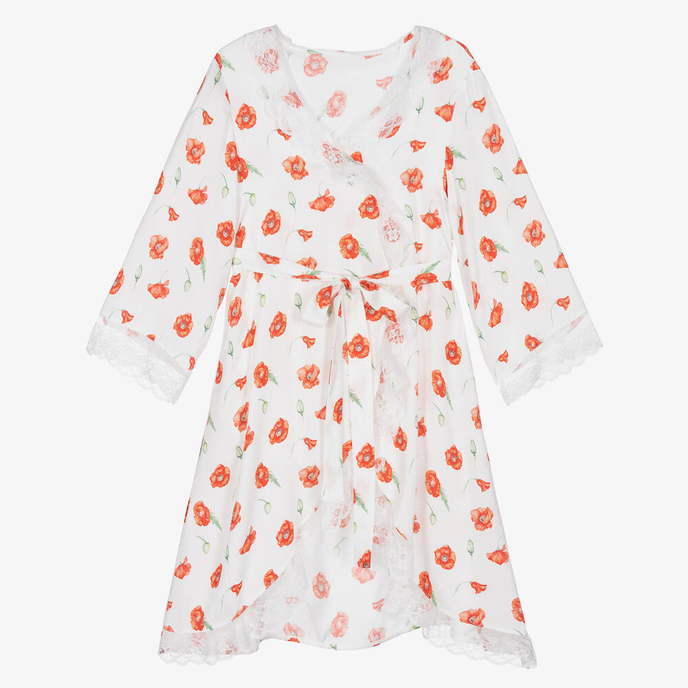 AMIKI Children - Girls White Poppy Print Dressing Gown | Childrensalon