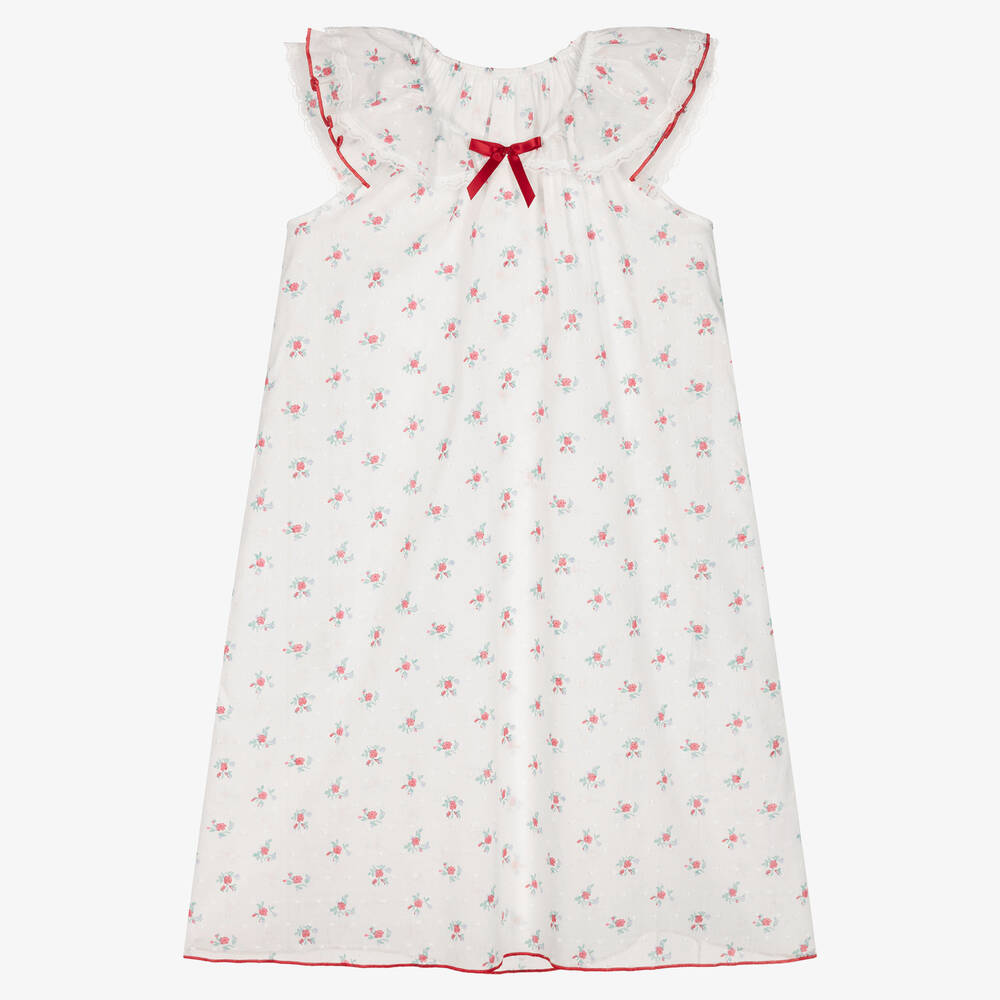 AMIKI Children - Белая ночная рубашка из хлопка в красный цветочек | Childrensalon