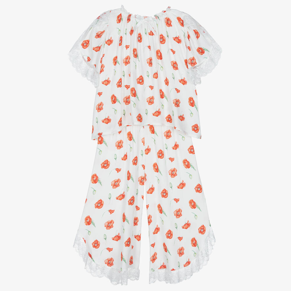 AMIKI Children - Girls White & Red Poppy Print Pyjamas | Childrensalon