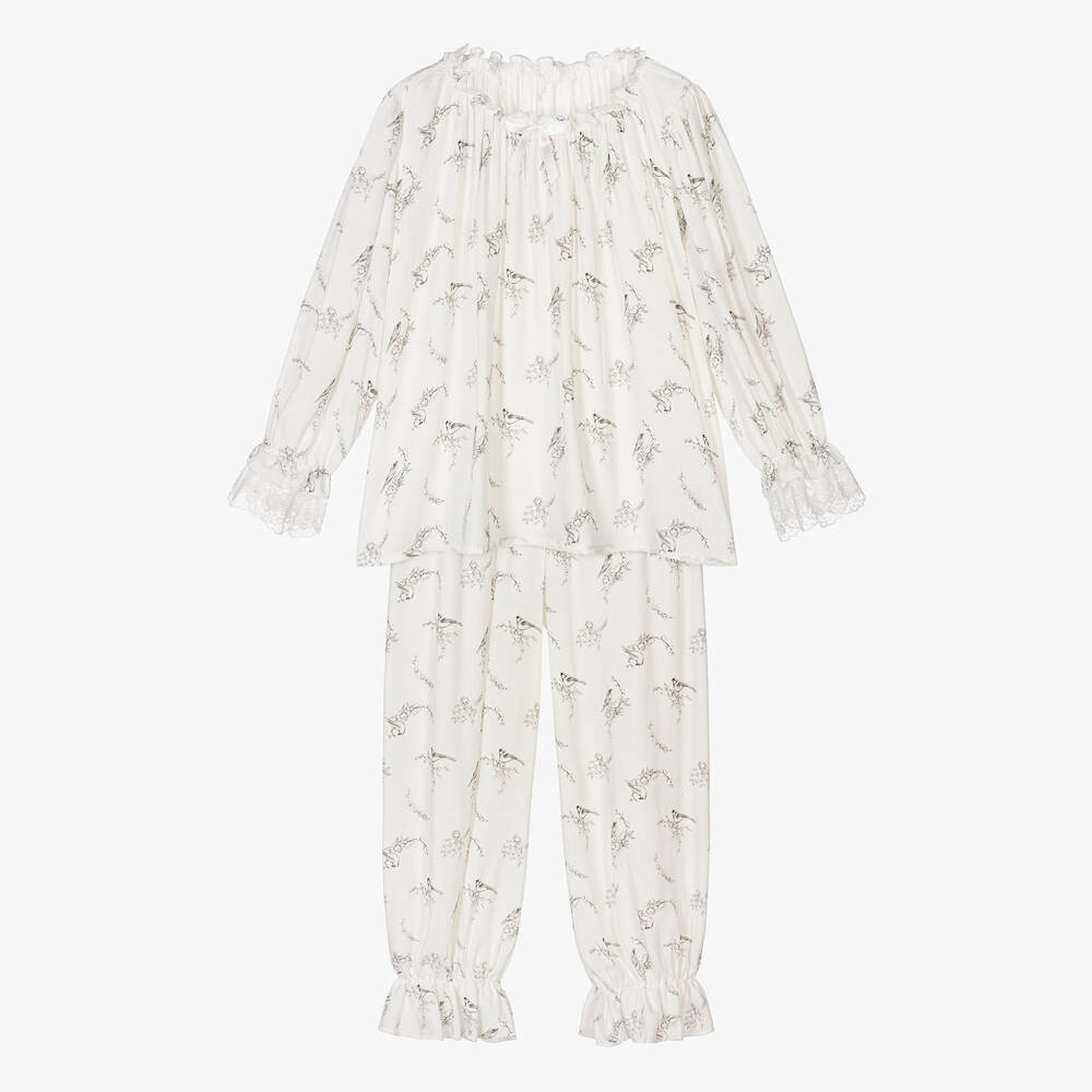 AMIKI Children - Weißer Vögel-Viskose-Schlafanzug | Childrensalon
