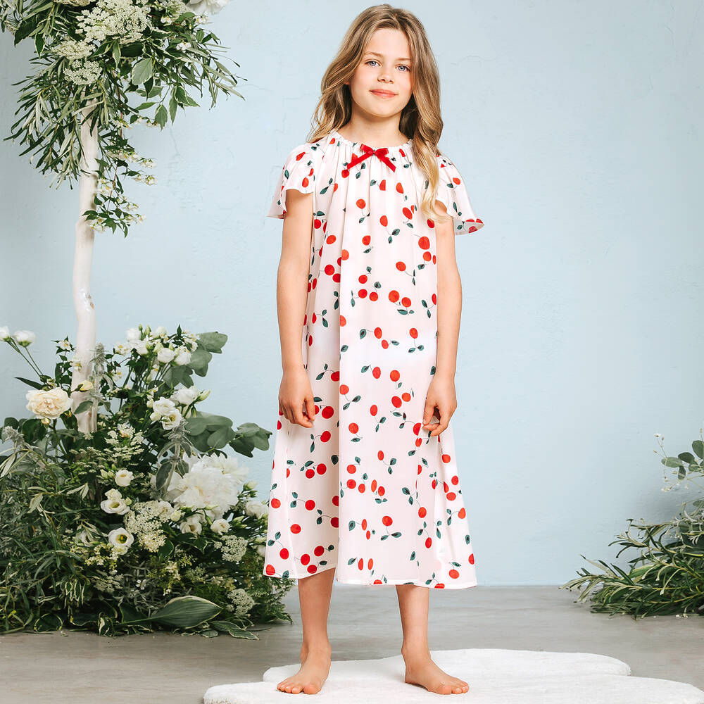 اميكي تشلدرن-قميص نوم حرير لون عاجي بطبعة كرز | Childrensalon Outlet
