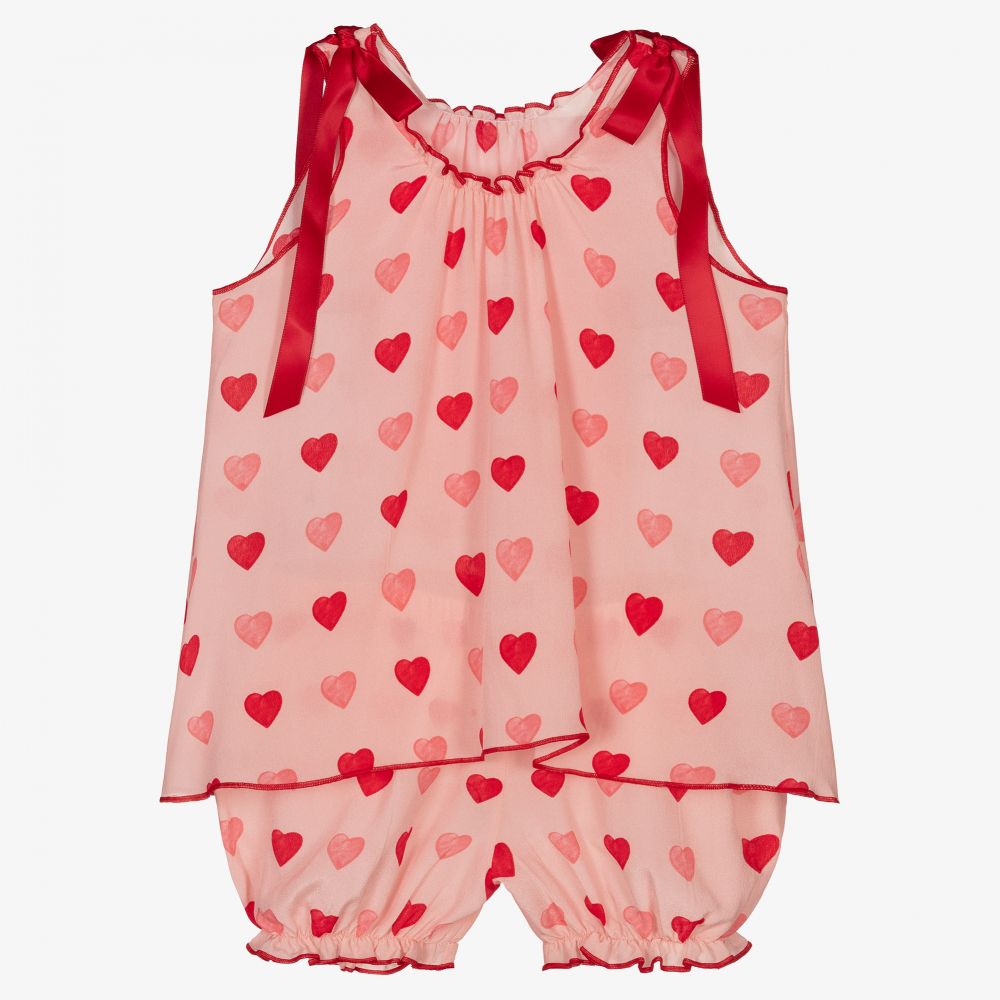 AMIKI Children - Pyjama rose en soie à cœurs | Childrensalon