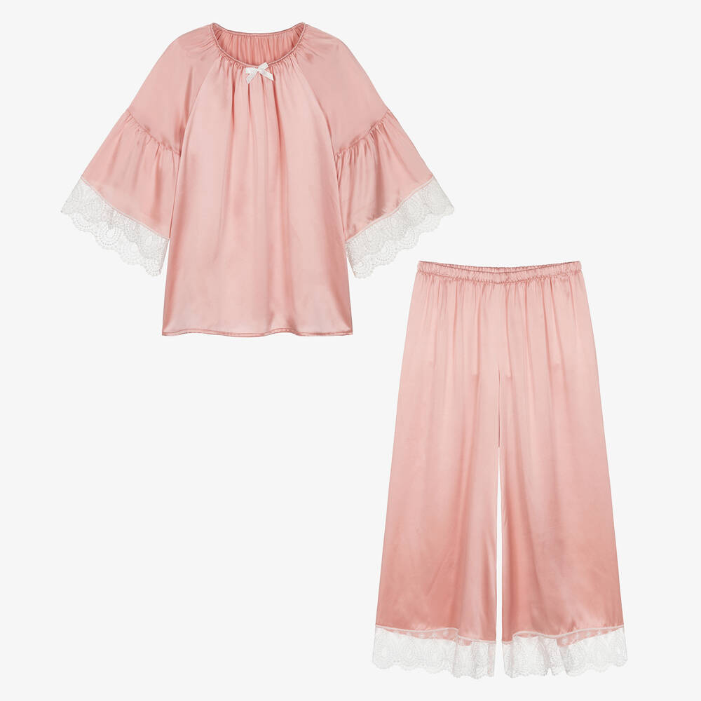 AMIKI Children - Розовая пижама из шелка с кружевом | Childrensalon