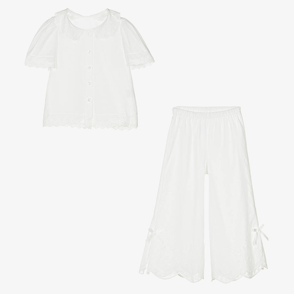 AMIKI Children - Белая пижама с вышивкой английской гладью | Childrensalon