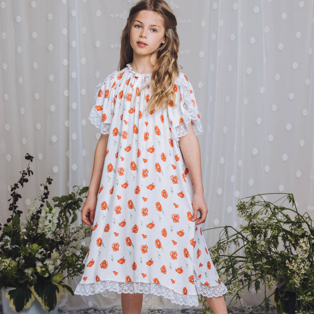 AMIKI Children-Teen Girls White & Red Poppy Nightdress | Childrensalon Outlet