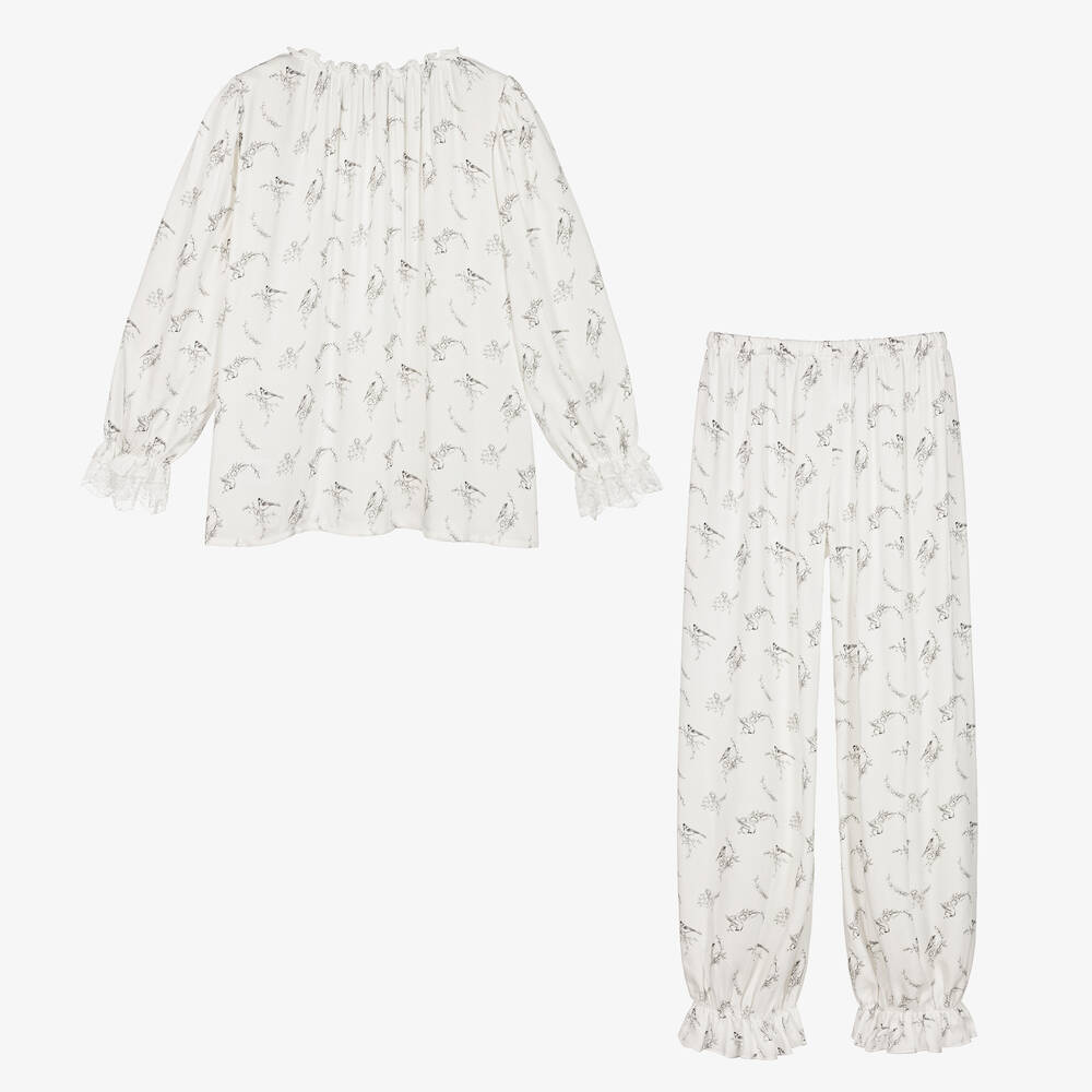 AMIKI Children Teen Girls White Viscose Bird Pyjamas
