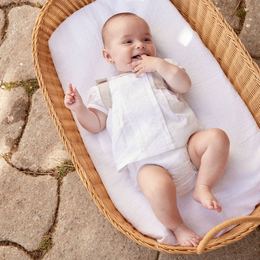 Ancar-Baby Girls Ivory Linen & Cotton Embroidered Dress with Bows | Childrensalon Outlet