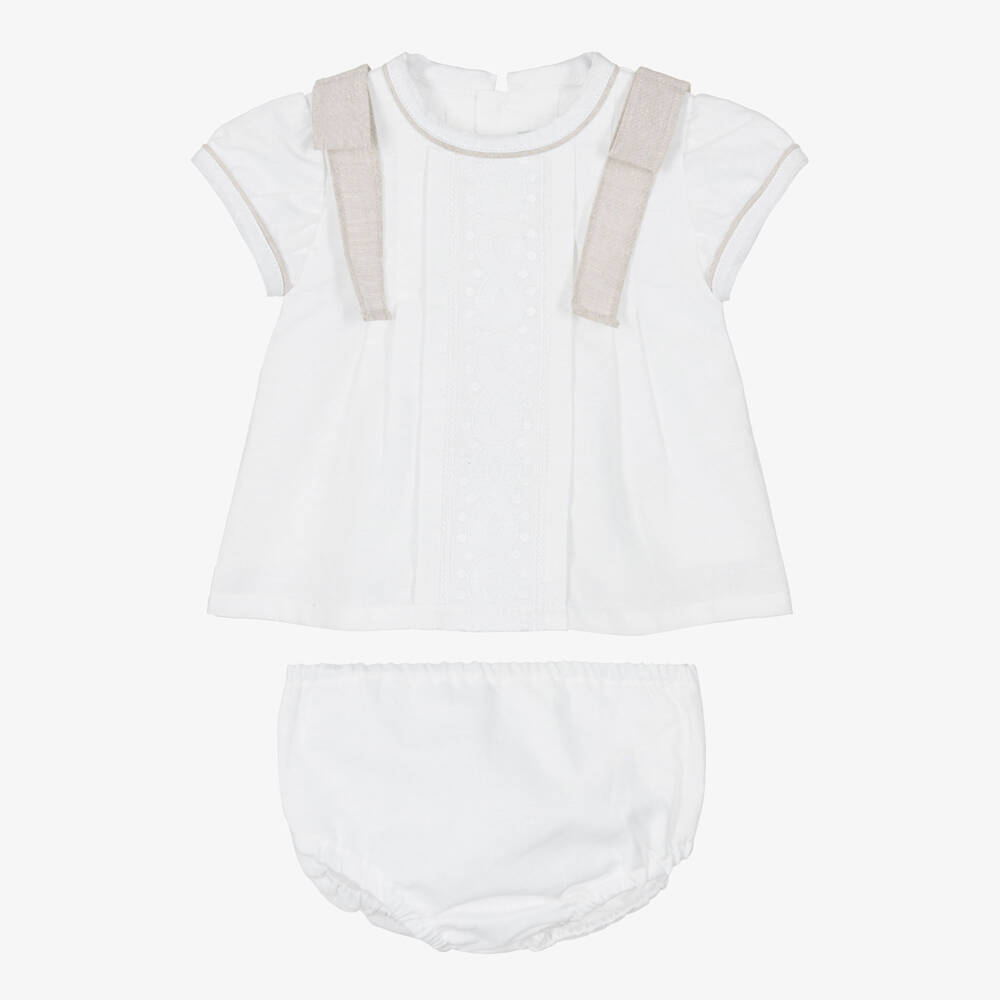 Ancar-Baby Girls Ivory Linen & Cotton Embroidered Dress with Bows | Childrensalon Outlet