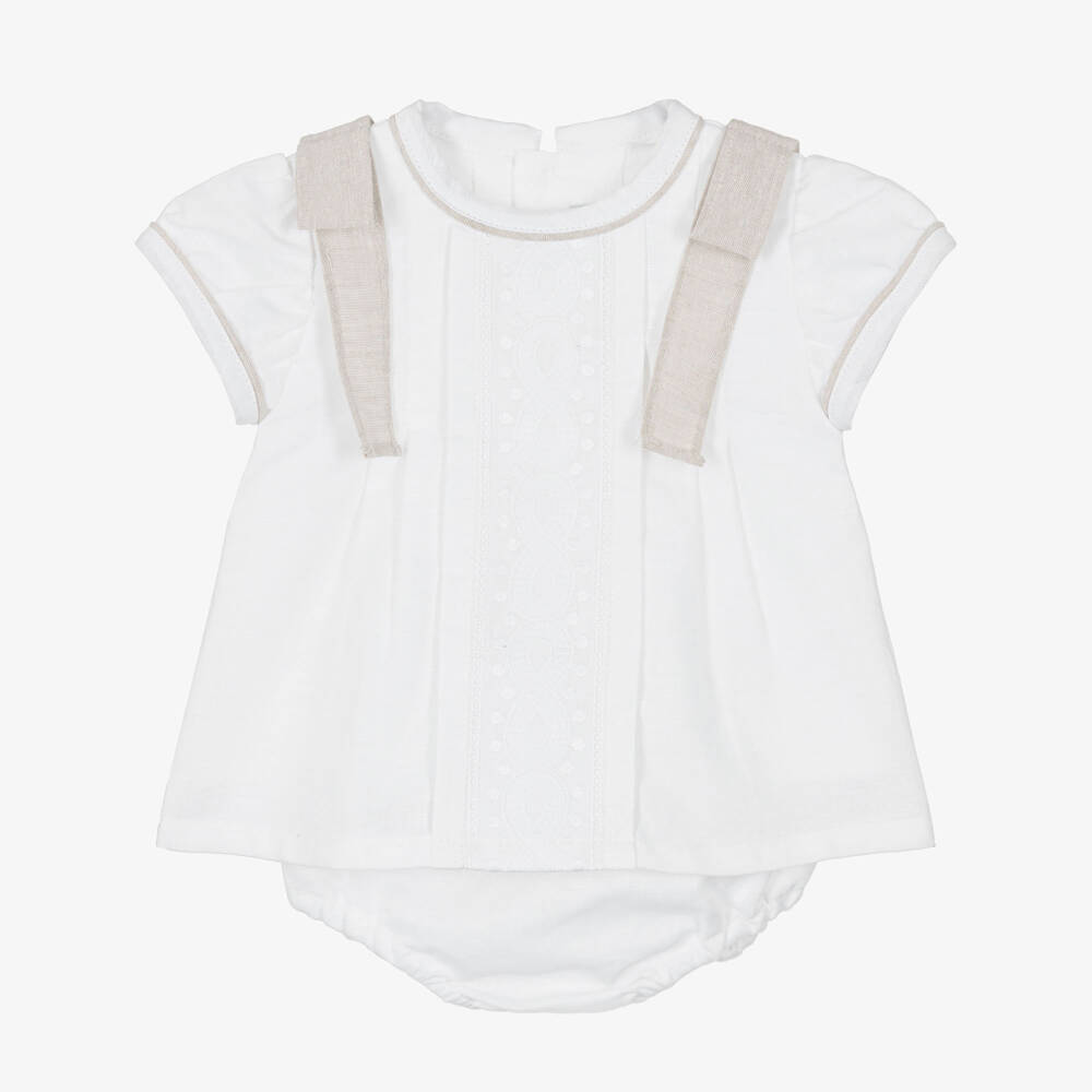 Ancar-Baby Girls Ivory Linen & Cotton Embroidered Dress with Bows | Childrensalon Outlet