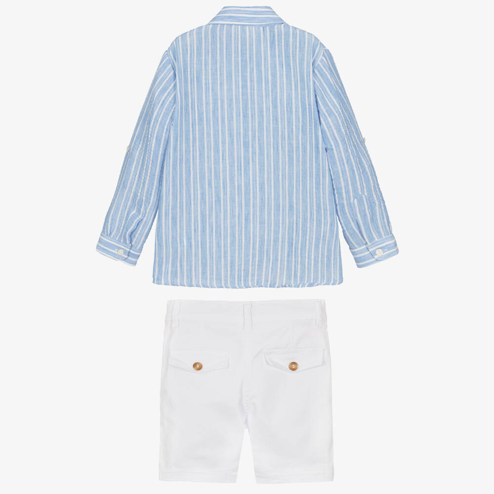 Ancar-Boys Pale Blue Striped Shirt & White Cotton Shorts Set | Childrensalon Outlet