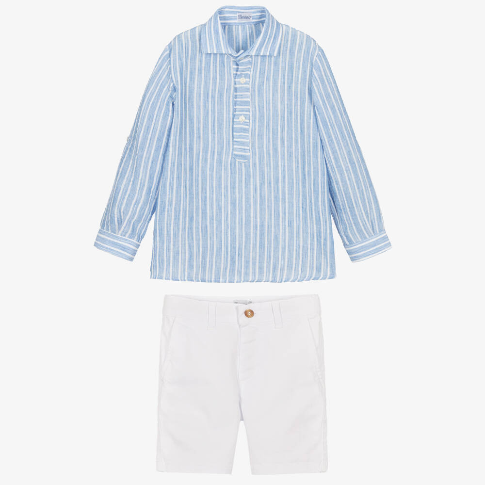 Ancar-Boys Pale Blue Striped Shirt & White Cotton Shorts Set | Childrensalon Outlet