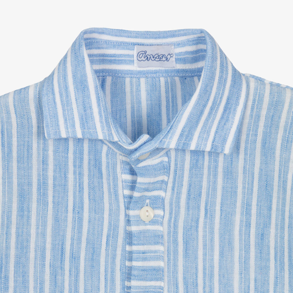 Ancar-Boys Pale Blue Striped Shirt & White Cotton Shorts Set | Childrensalon Outlet
