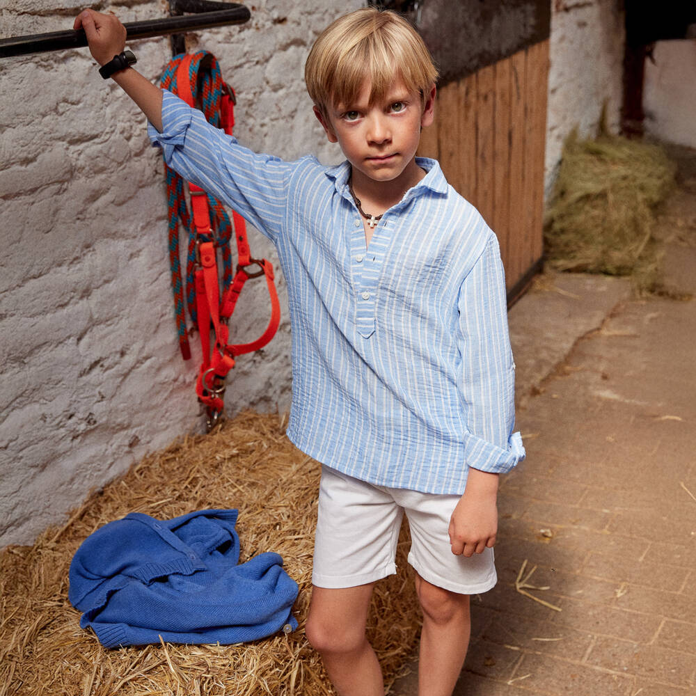 Ancar-Boys Pale Blue Striped Shirt & White Cotton Shorts Set | Childrensalon Outlet