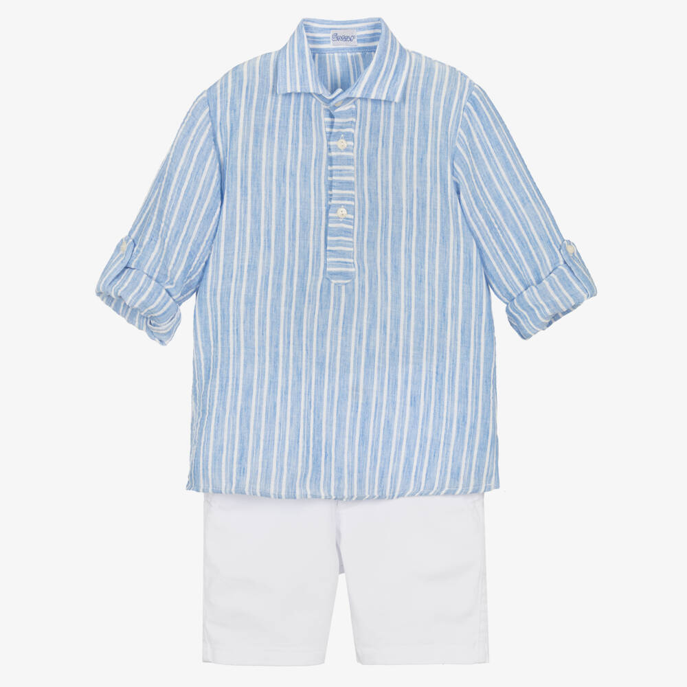 Ancar-Boys Pale Blue Striped Shirt & White Cotton Shorts Set | Childrensalon Outlet