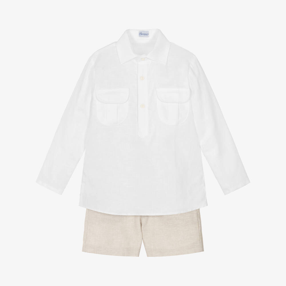 Ancar-Boys White Shirt & Beige Linen Blend Shorts Set | Childrensalon Outlet