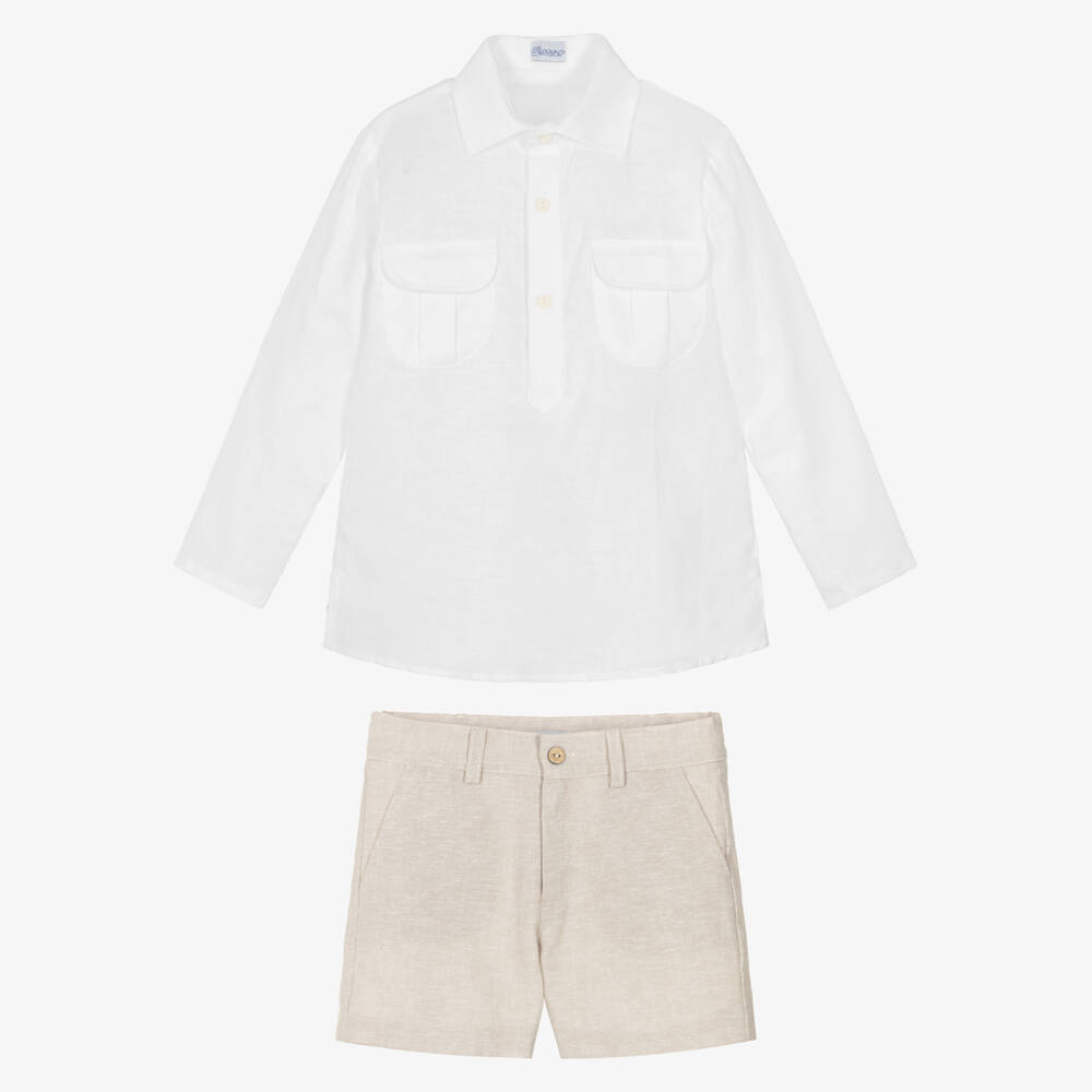 Ancar-Boys White Shirt & Beige Linen Blend Shorts Set | Childrensalon Outlet