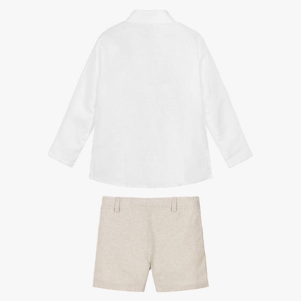 Ancar-Boys White Shirt & Beige Linen Blend Shorts Set | Childrensalon Outlet