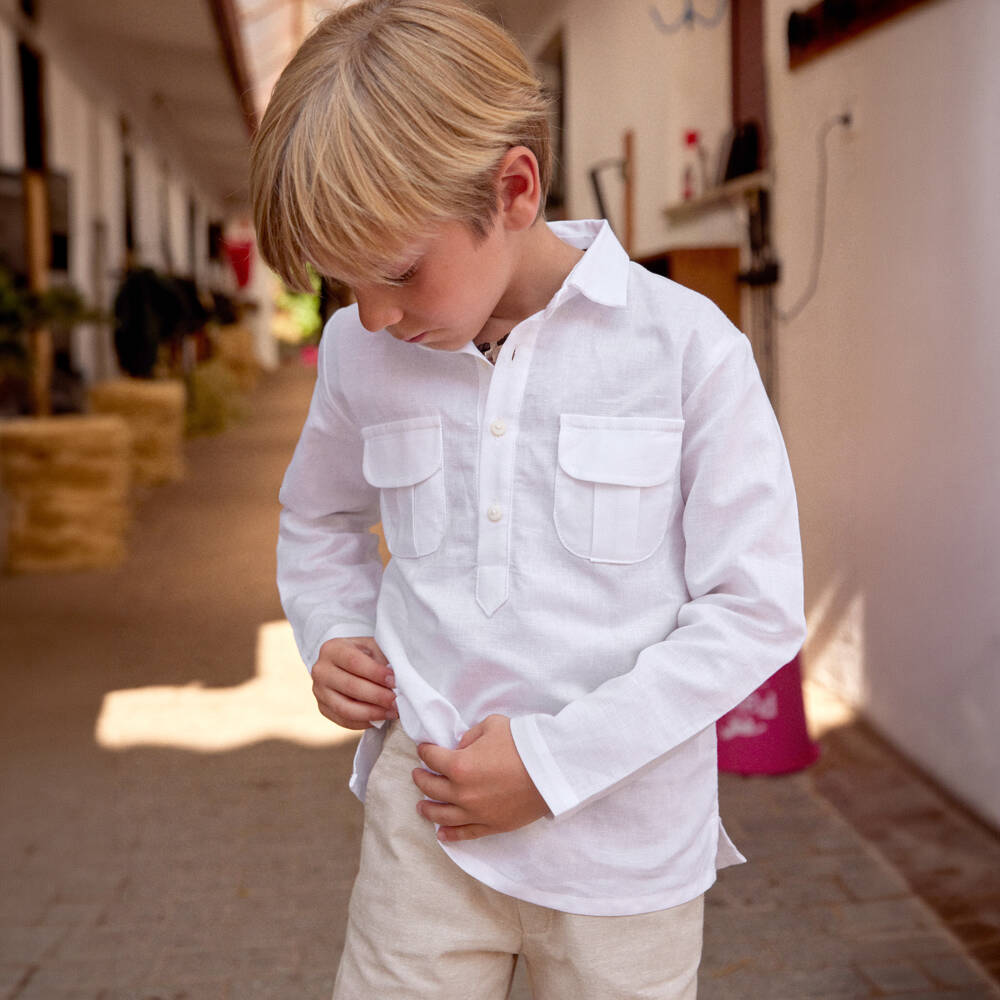 Ancar-Boys White Shirt & Beige Linen Blend Shorts Set | Childrensalon Outlet