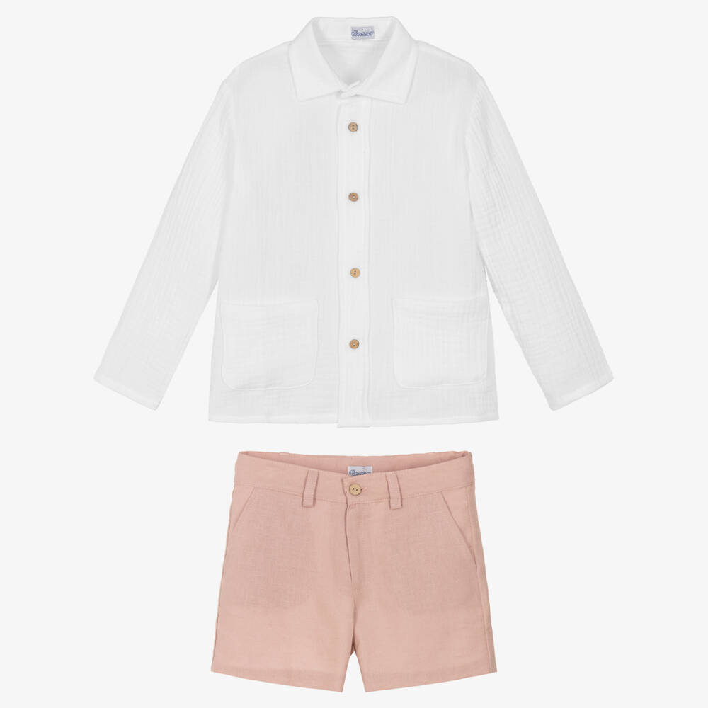 Ancar-Boys White Shirt & Dusky Pink Shorts Set | Childrensalon Outlet