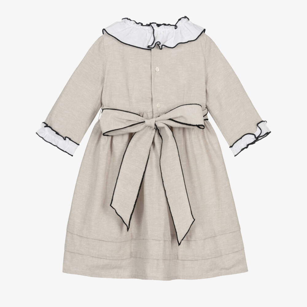 Ancar-Girls Beige Dress with White Ruffle Collar | Childrensalon Outlet