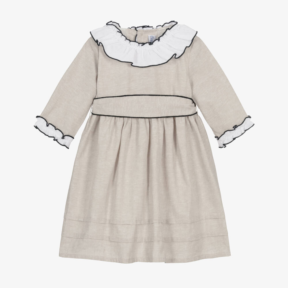 Ancar-Girls Beige Dress with White Ruffle Collar | Childrensalon Outlet