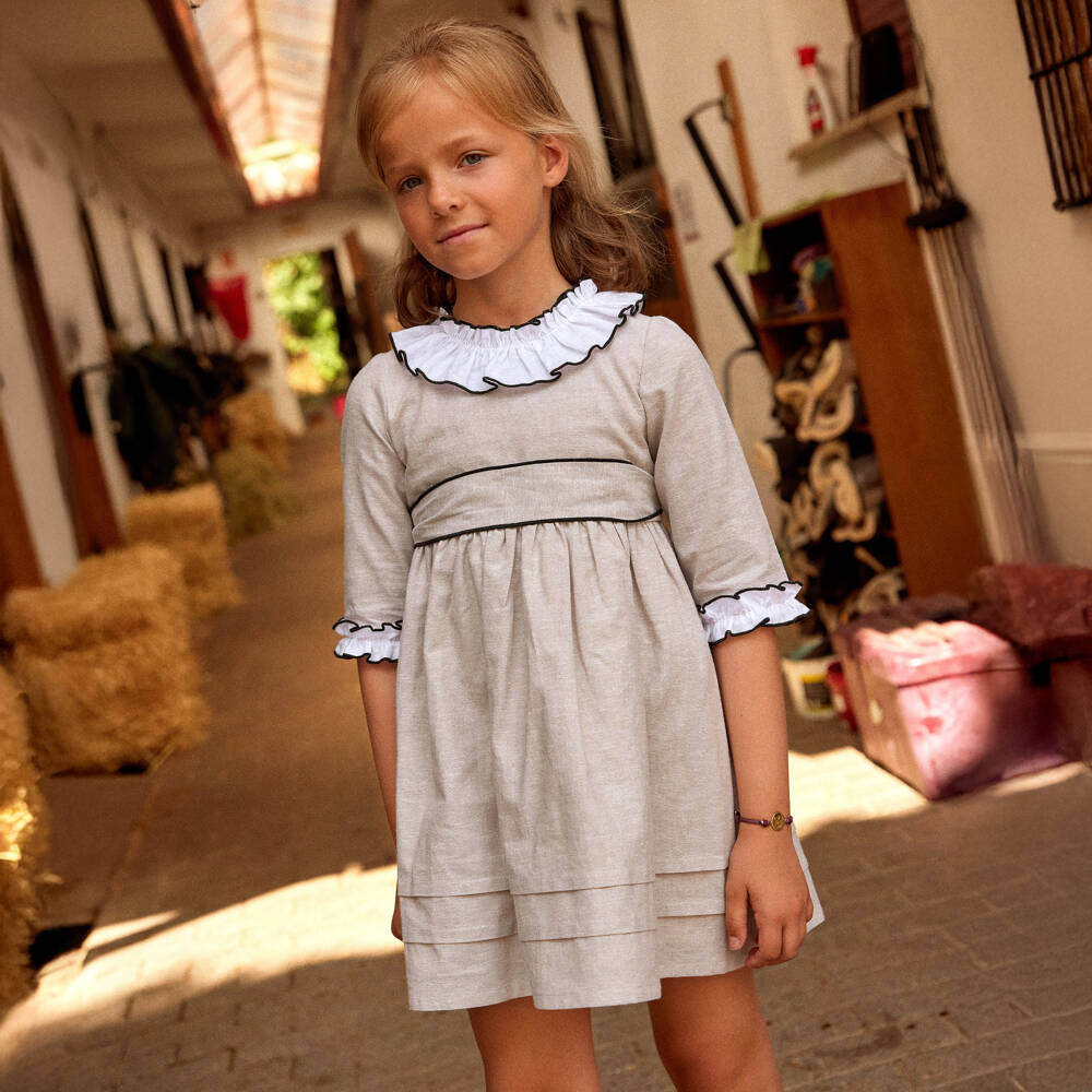 Ancar-Girls Beige Dress with White Ruffle Collar | Childrensalon Outlet