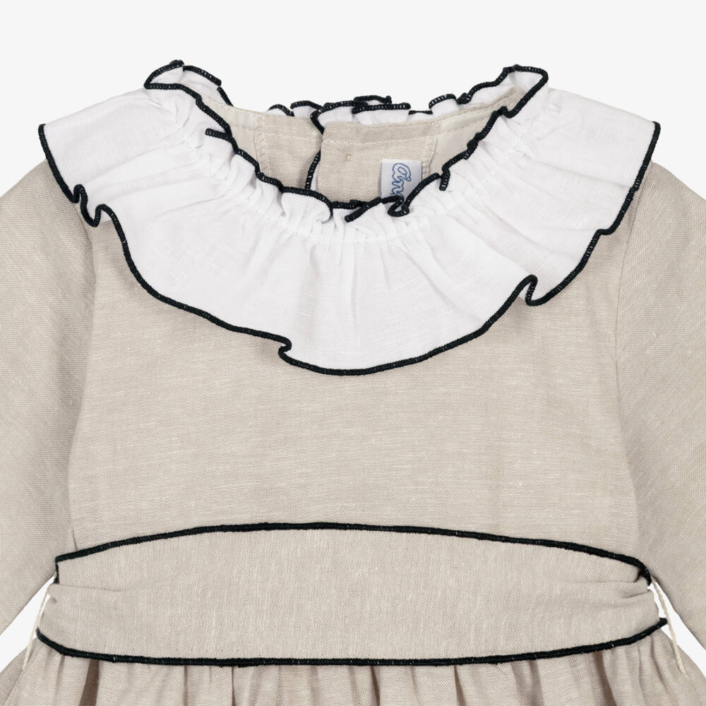 Ancar-Girls Beige Dress with White Ruffle Collar | Childrensalon Outlet