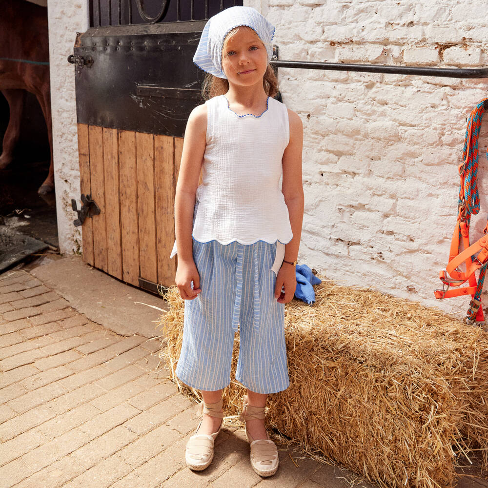 Ancar-Girls White & Blue Cotton Trouser Set with Scalloped Trim | Childrensalon Outlet