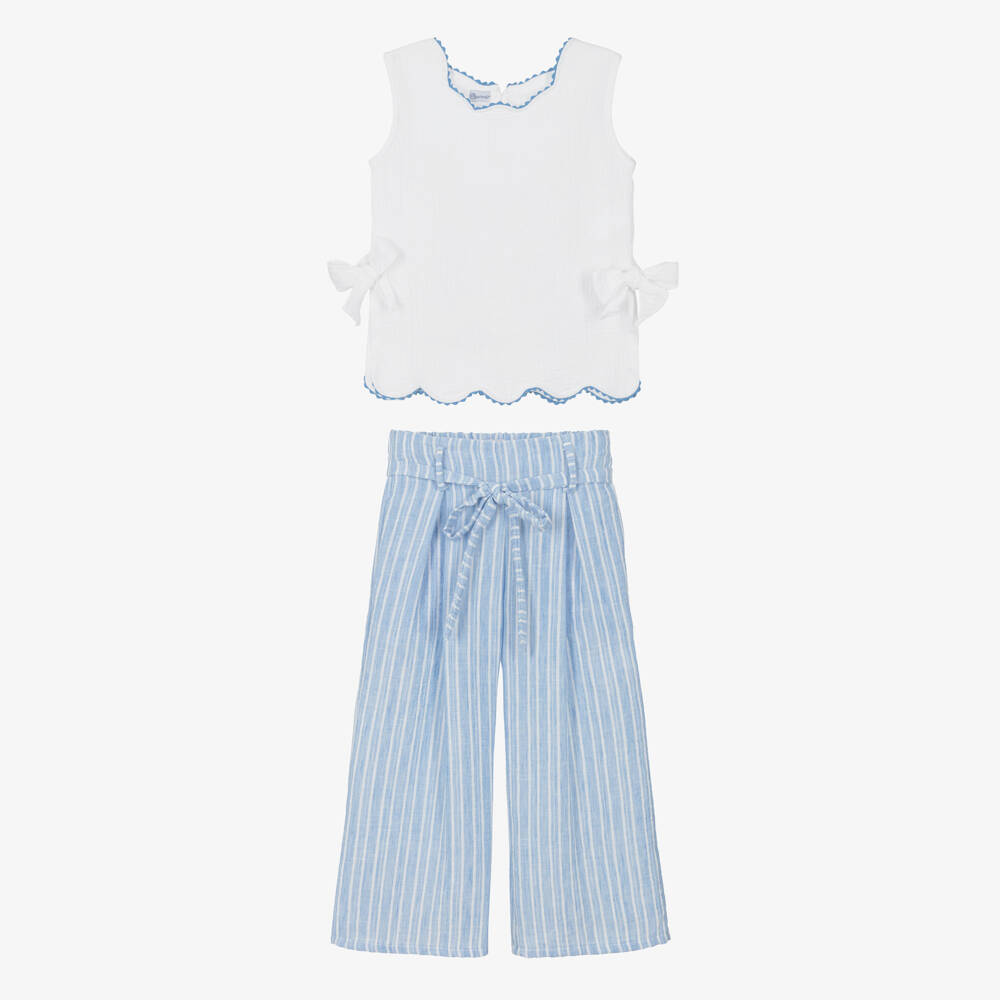 Ancar-Girls White & Blue Cotton Trouser Set with Scalloped Trim | Childrensalon Outlet