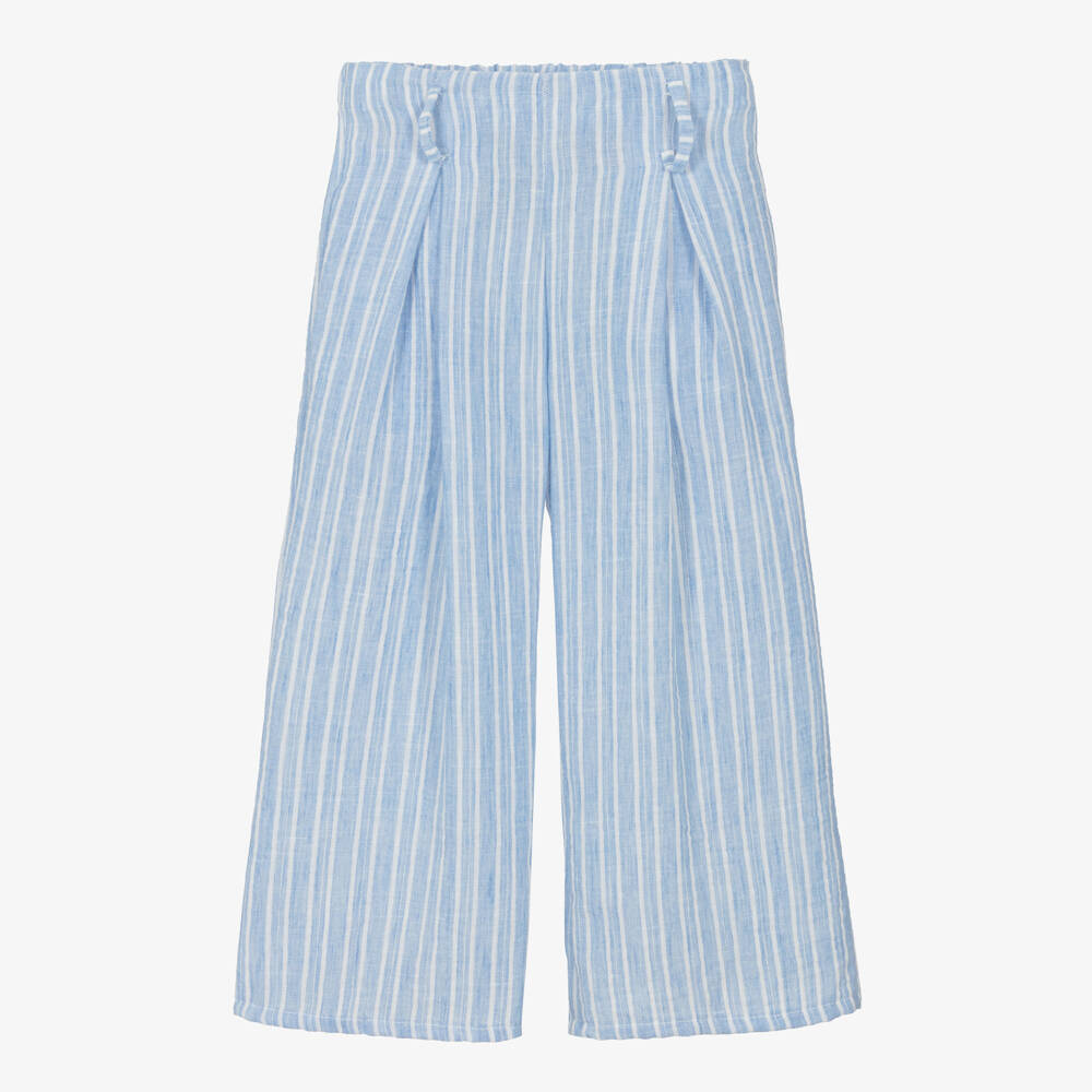 Ancar-Girls White & Blue Cotton Trouser Set with Scalloped Trim | Childrensalon Outlet