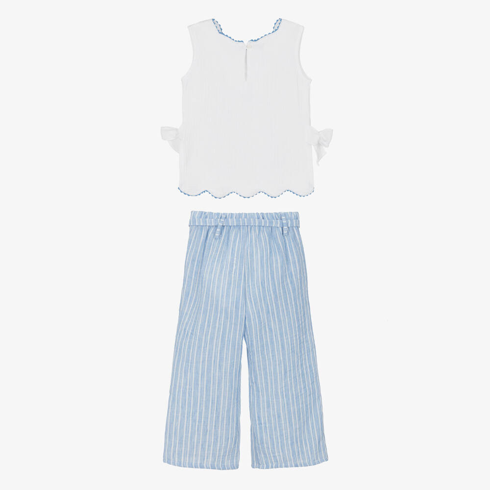 Ancar-Girls White & Blue Cotton Trouser Set with Scalloped Trim | Childrensalon Outlet