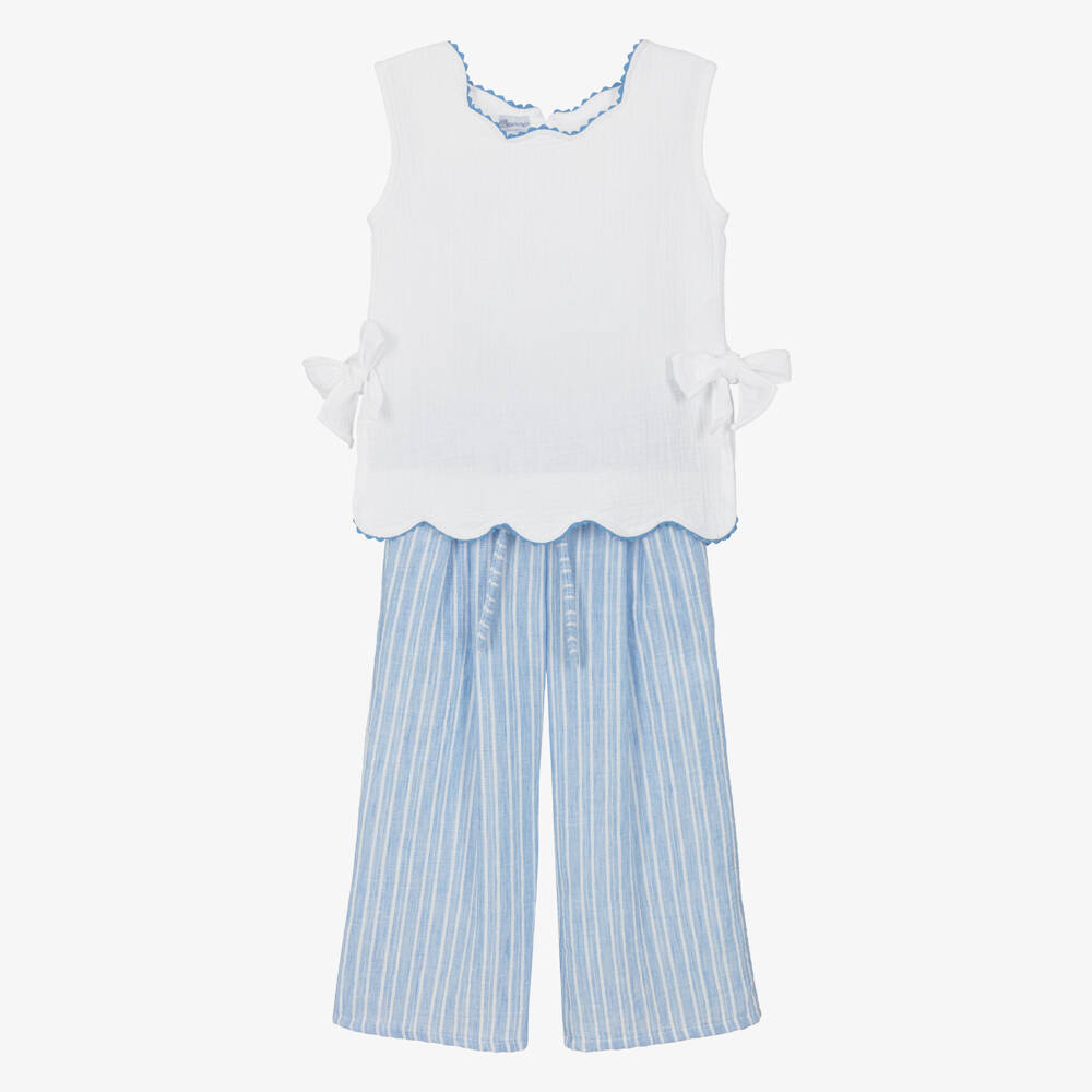 Ancar-Girls White & Blue Cotton Trouser Set with Scalloped Trim | Childrensalon Outlet