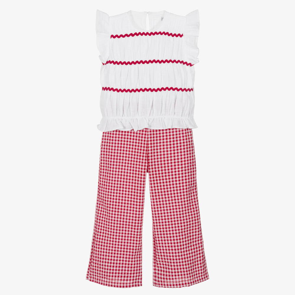 Ancar-Girls White & Red Gingham Check Trouser Set | Childrensalon Outlet