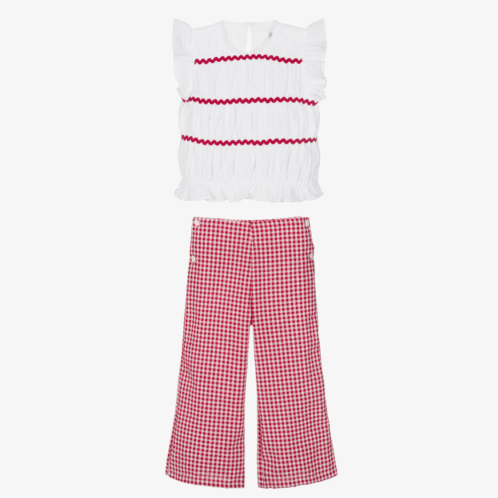 Ancar-Girls White & Red Gingham Check Trouser Set | Childrensalon Outlet