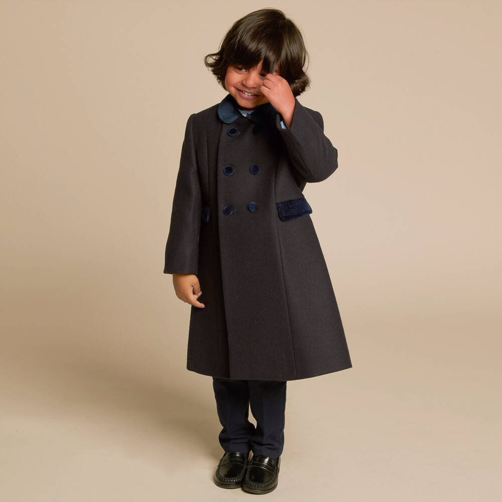Ancar-Traditional Navy Blue Wool Coat with Velvet Trims | Childrensalon Outlet