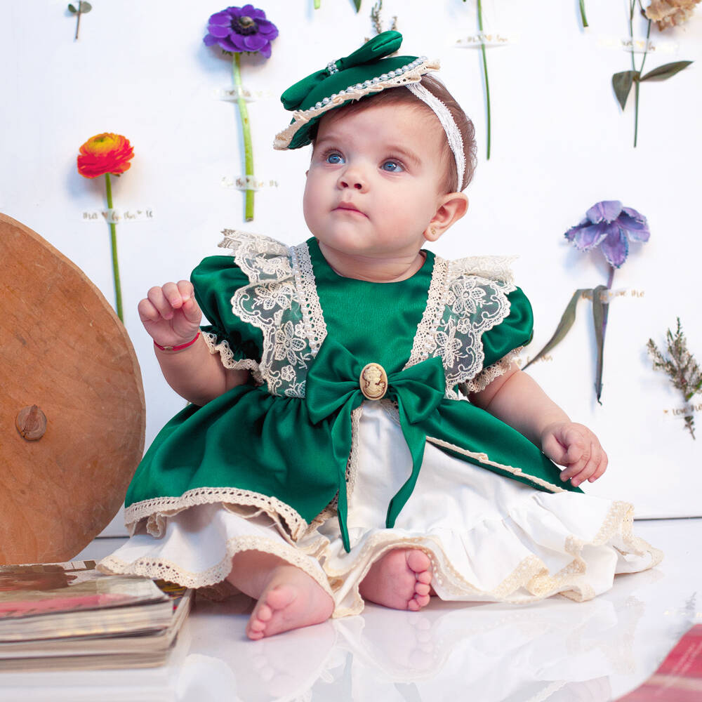 Andreeatex-Baby Girls Green Satin Dress Set | Childrensalon Outlet