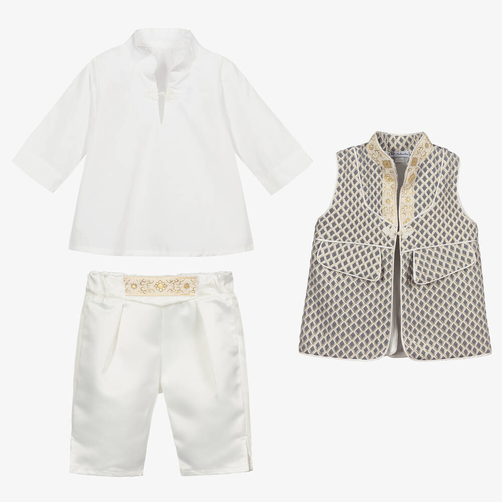 Andreeatex-Кремово-синий костюм из сатина с шортами для мальчиков | Childrensalon Outlet