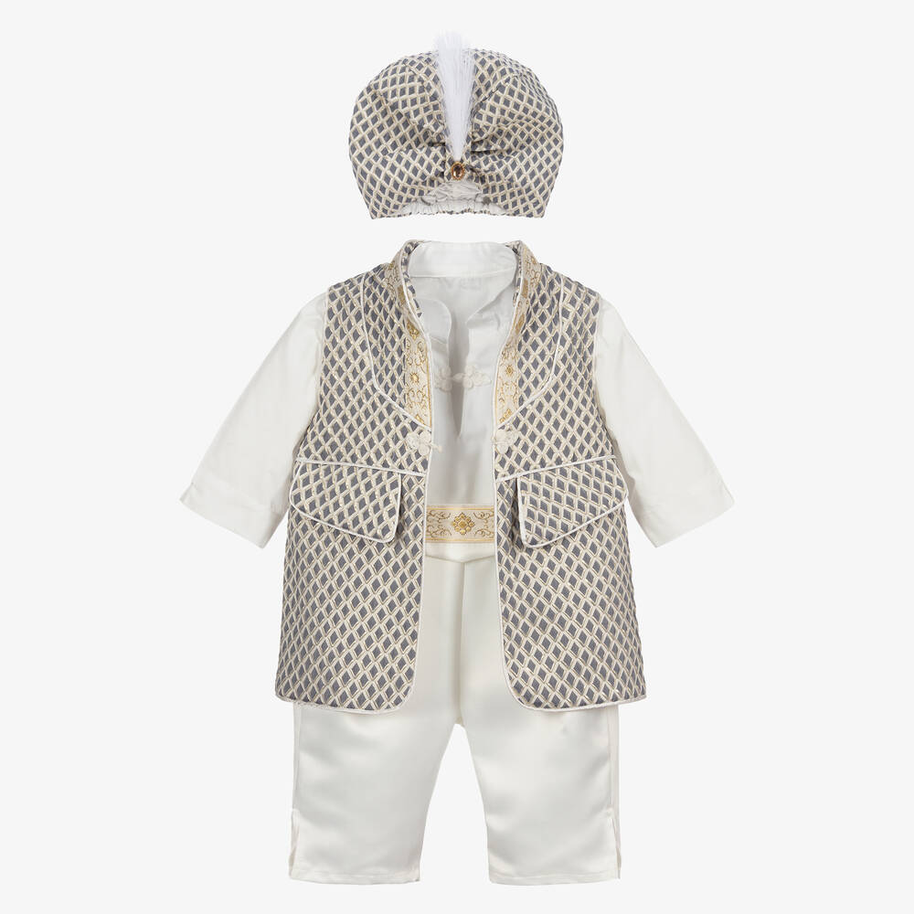 Andreeatex-Boys Blue & Ivory Satin Shorts Suit  | Childrensalon Outlet