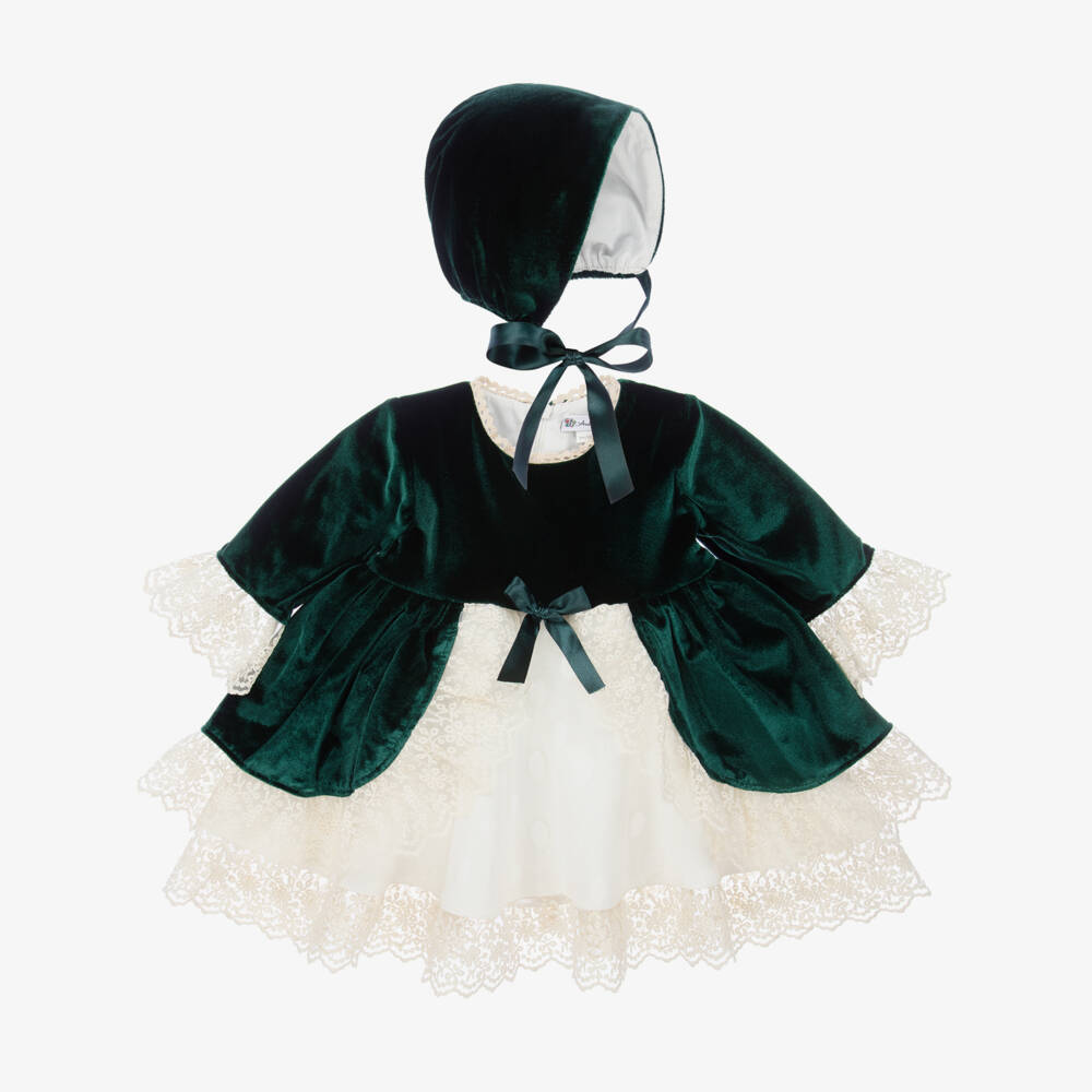 Andreeatex-Платье и чепчик из зеленого бархата для девочек | Childrensalon Outlet