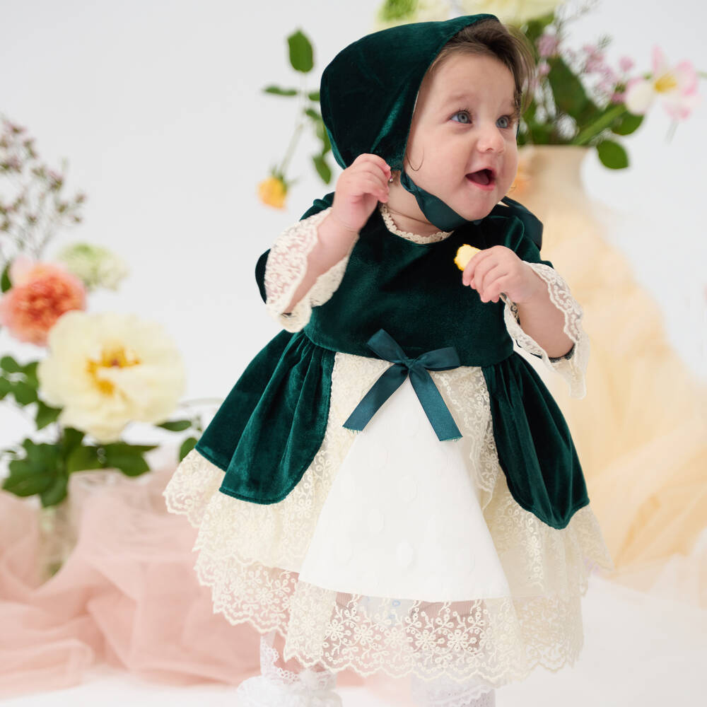 Andreeatex-Платье и чепчик из зеленого бархата для девочек | Childrensalon Outlet