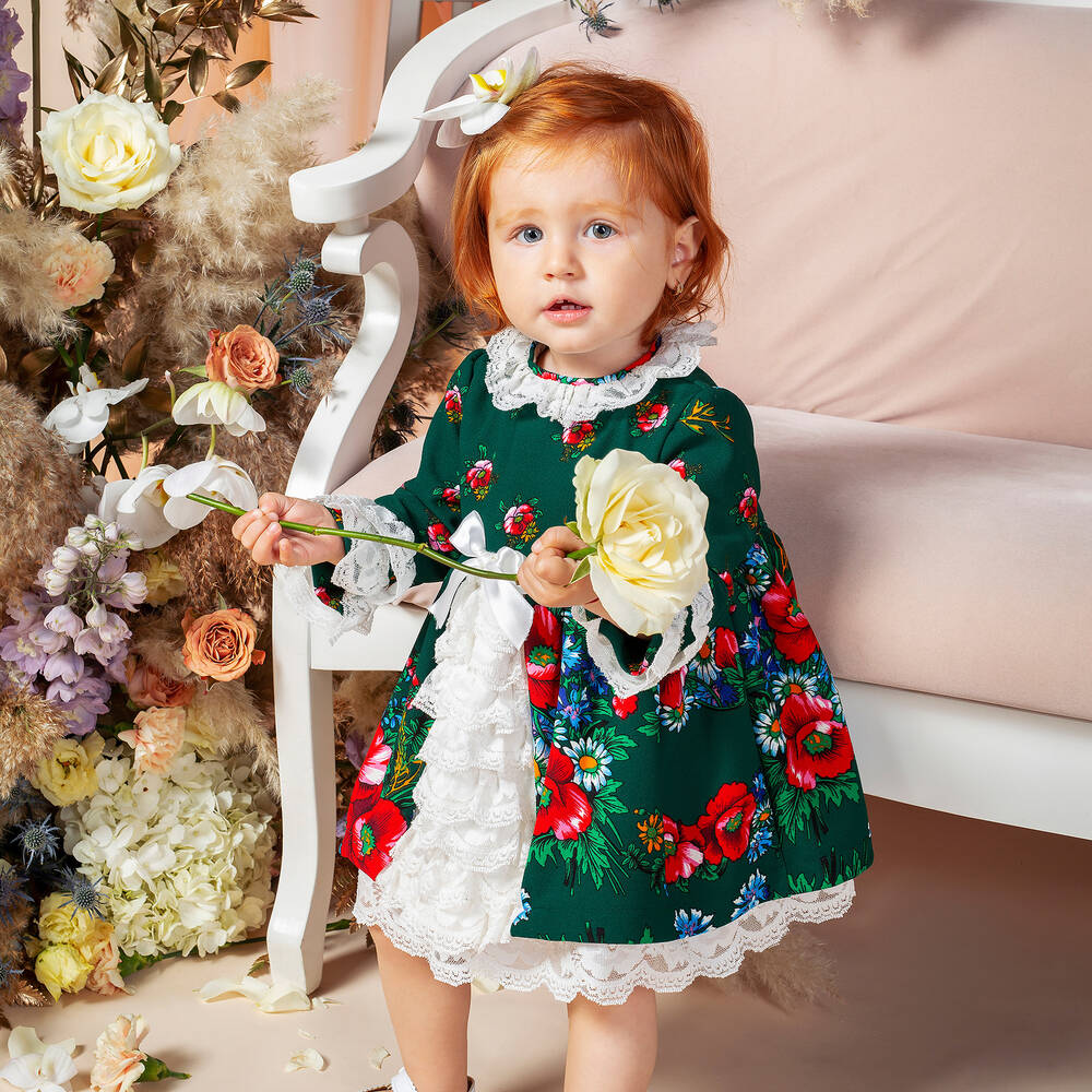Andreeatex-Girls Green Floral Dress Set | Childrensalon Outlet