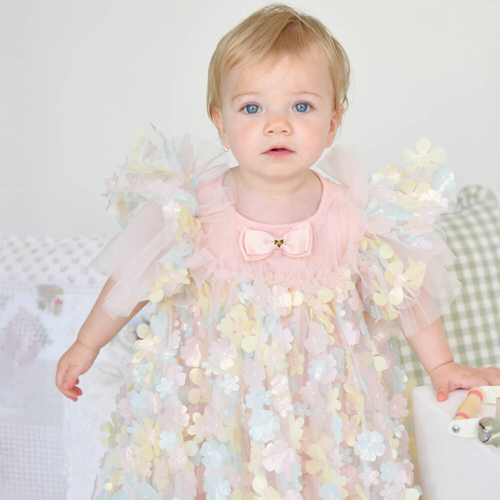 Angel's Face-Baby Girls Blush Pink Tulle Dress with 3D Flowers | Childrensalon Outlet