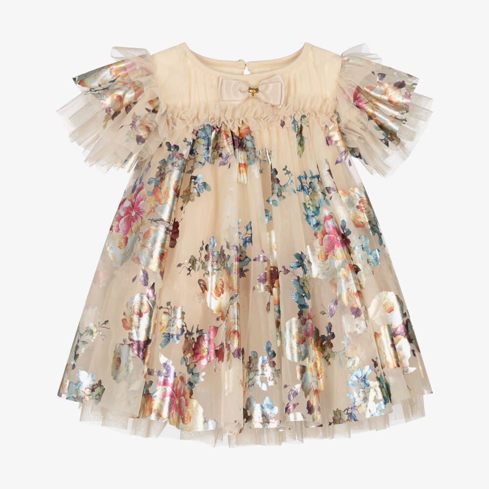 Angel's Face-Baby Girls Gold Tulle Dress with Foil Flowers | Childrensalon Outlet