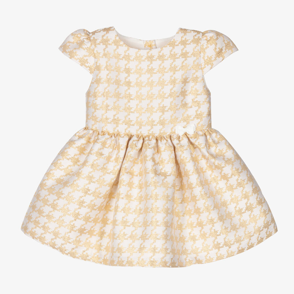 Angel's Face - Baby Girls White & Gold Houndstooth Dress | Childrensalon