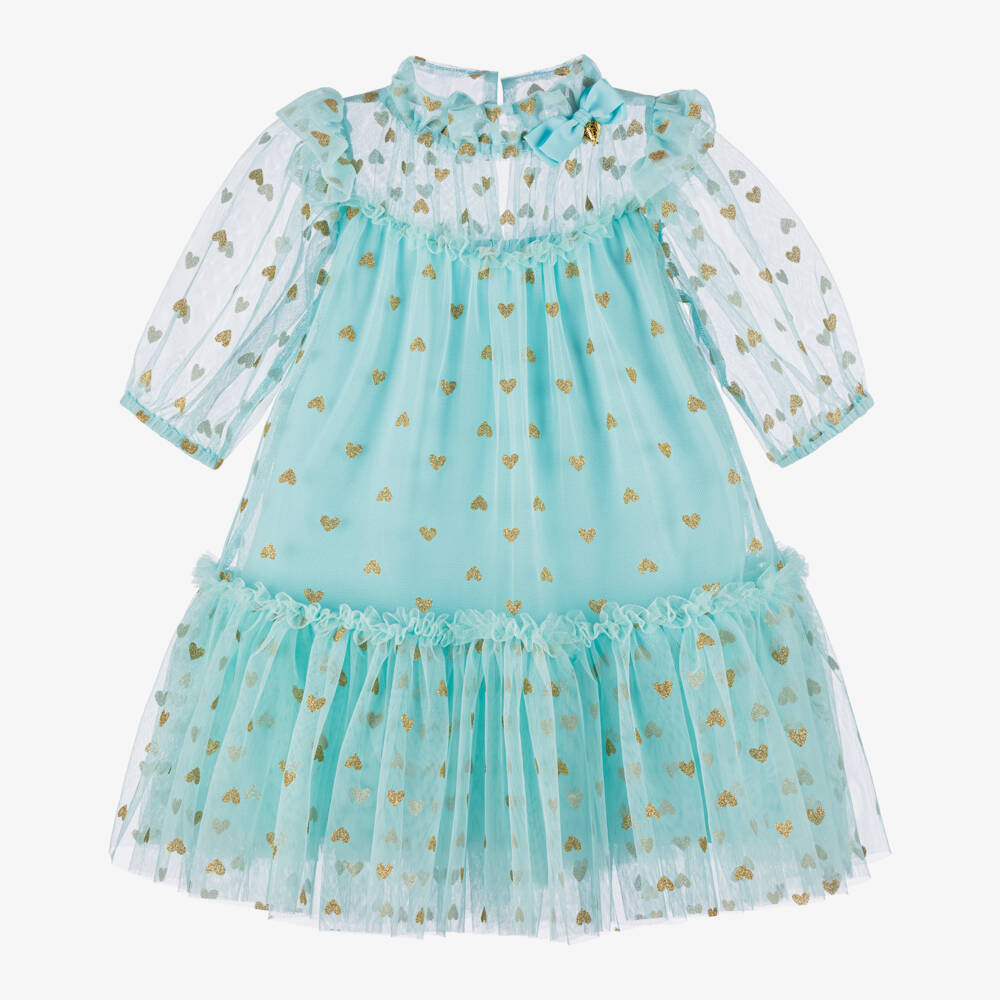 Angel's Face-Girls Aqua Gold Heart Tulle Gown | Childrensalon Outlet