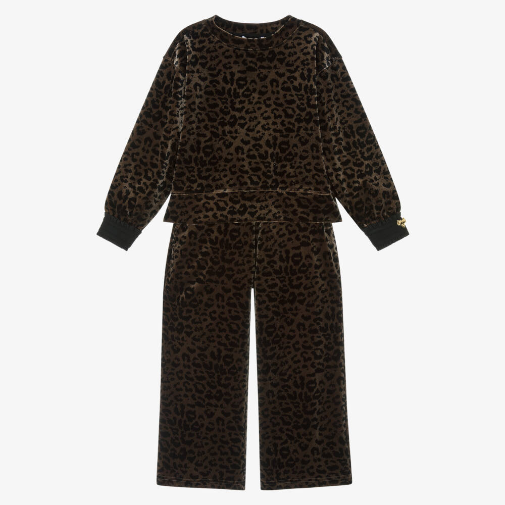 Angel's Face-Girls Beige & Black Leopard Velour Trouser Set | Childrensalon Outlet