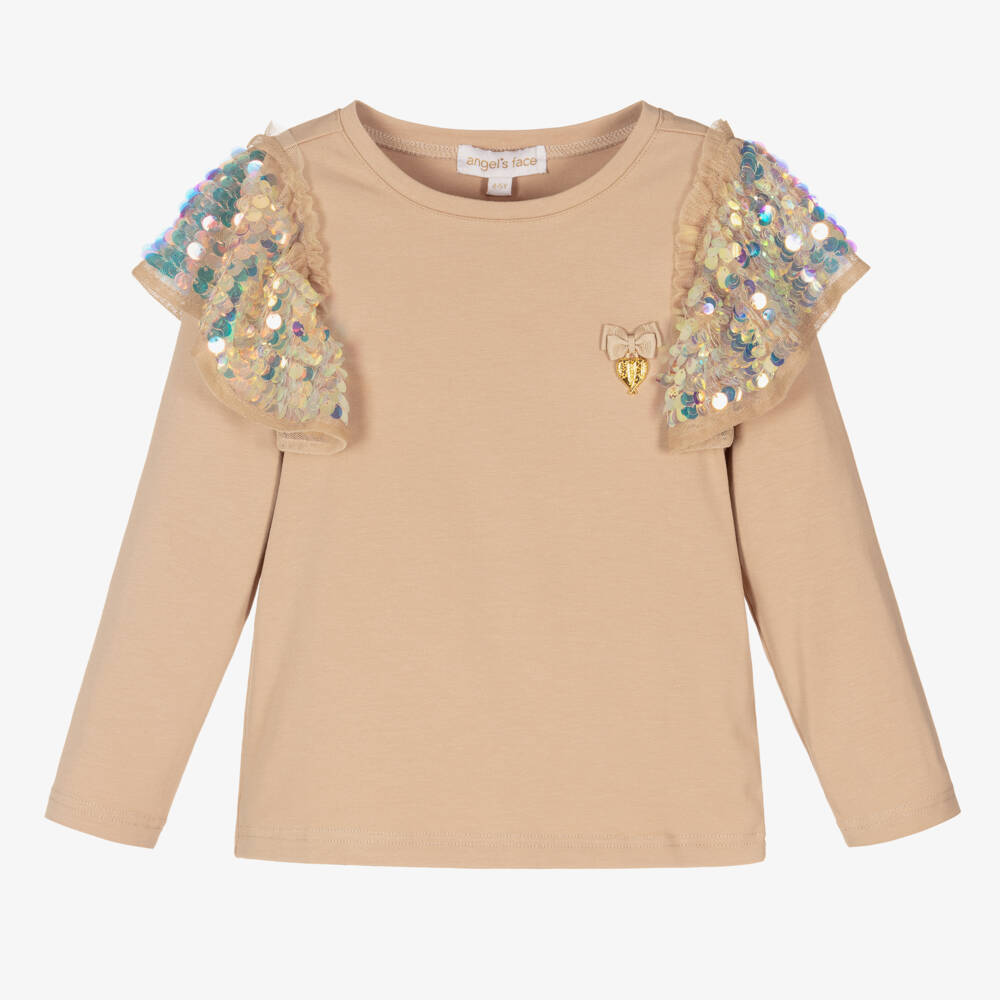 Angel's Face-Girls Beige Cotton Sequin Top | Childrensalon Outlet